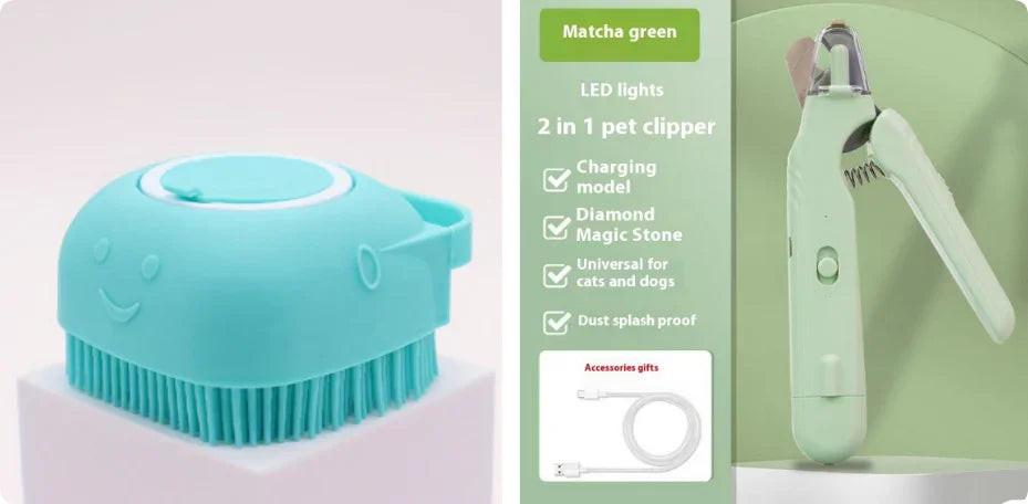 Light green silicone pet grooming brush and 2-in-1 matcha green pet nail clipper for cats and dogs with USB charging cable.