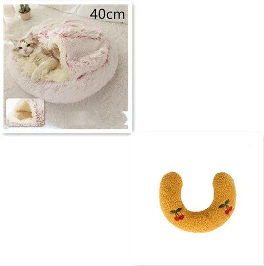 Fluffy round pet bed with cat inside, 40cm size, and a yellow U-shaped pillow with cherry embroidery.