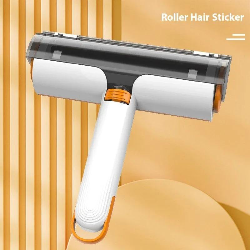 Pet hair remover roller with white and orange handle on beige background, labeled Roller Hair Sticker.