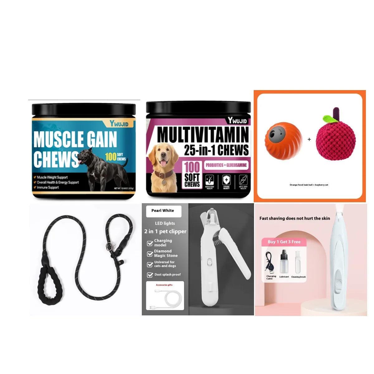 Assorted pet essentials including muscle gain chews, multivitamin chews, pet toys, leash, grooming clippers, and trimmer.