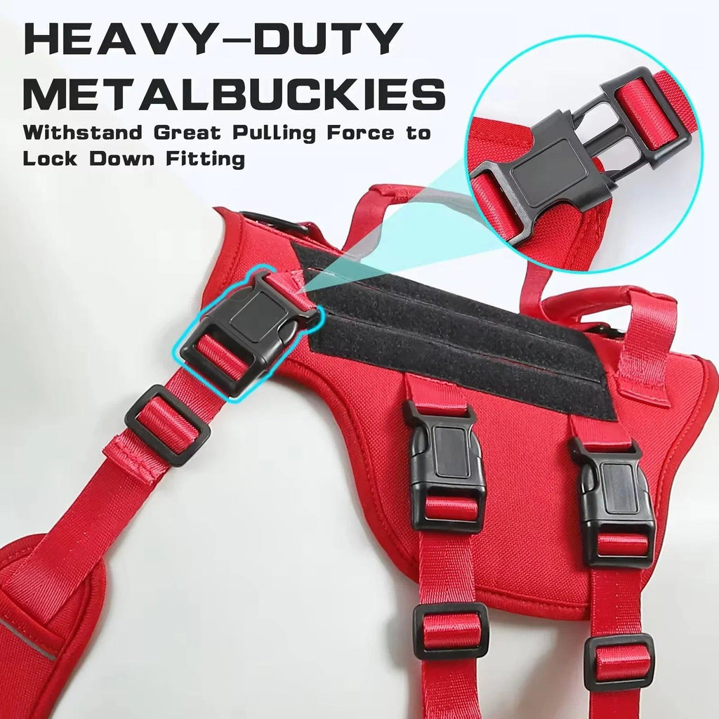 Red heavy-duty dog harness with strong metal buckles and reinforced straps for pets