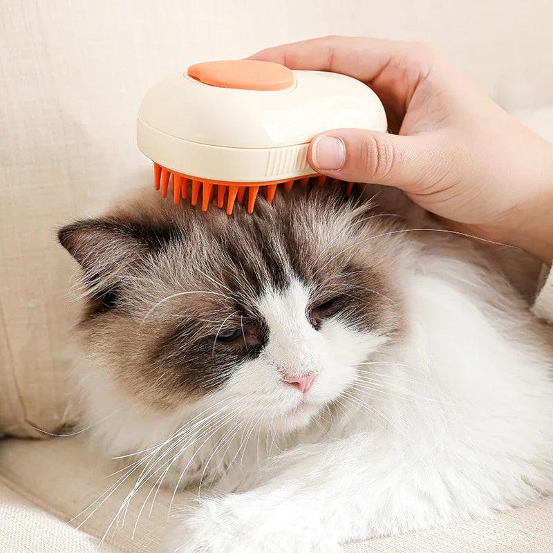 Hand brushing fluffy cat with orange and cream pet grooming brush on sofa