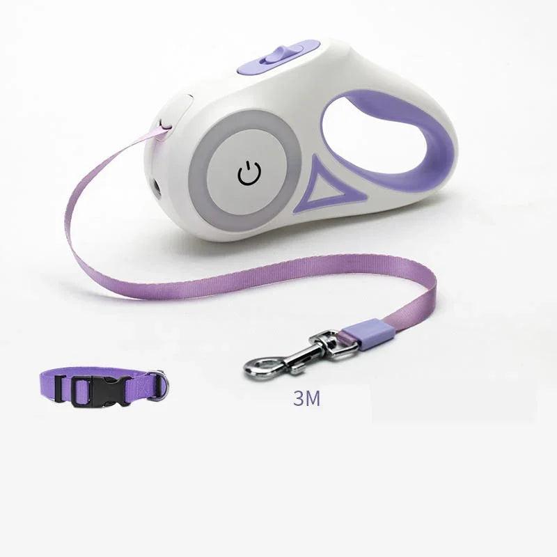 Retractable purple pet leash with matching collar for dogs or cats, 3 meters long