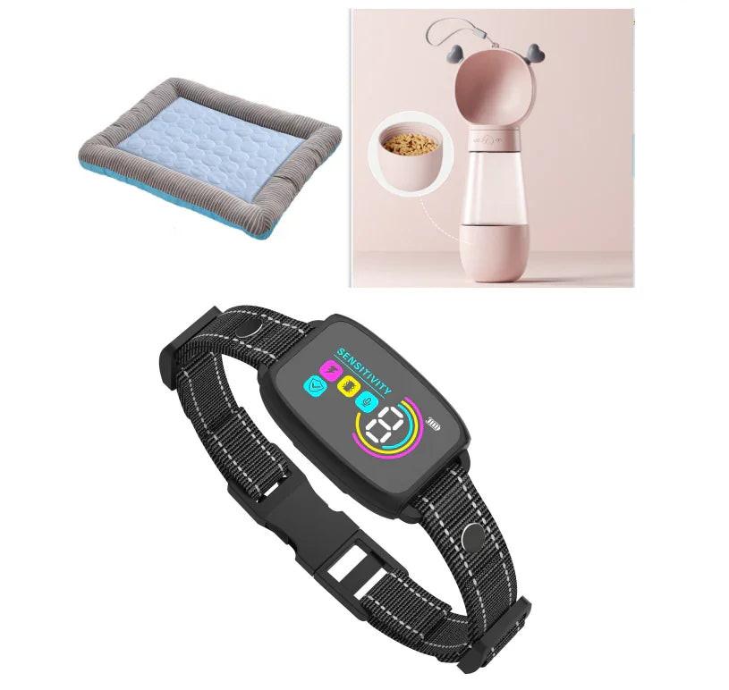 Pet essentials set with a cooling mat, portable water bottle, and smart dog collar