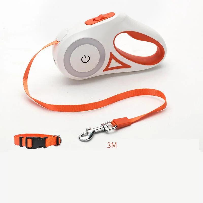 Retractable orange pet leash with collar, 3 meter length, for dogs or cats