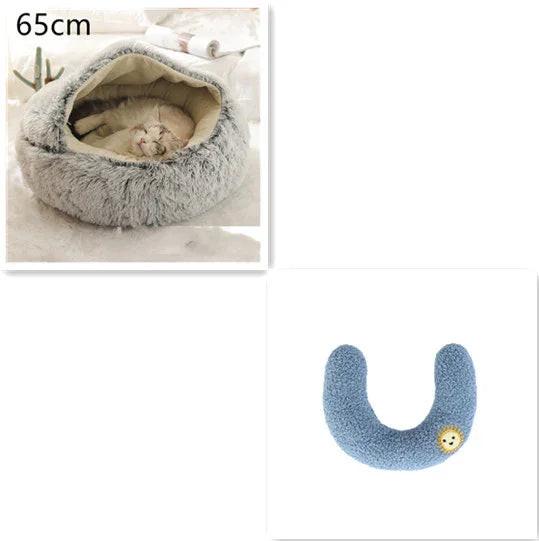 Grey plush cat cave bed with a sleeping cat, 65cm size, and a blue U-shaped plush pet pillow.