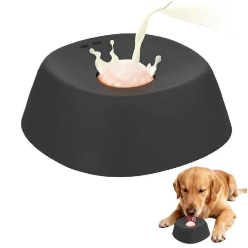 Dog licking interactive slow feeder bowl with milk, black pet feeding dish
