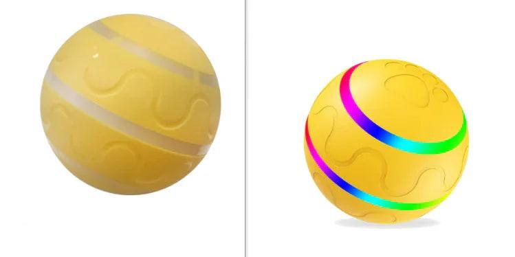 Yellow interactive pet toy balls with embossed patterns and colored stripes on white background