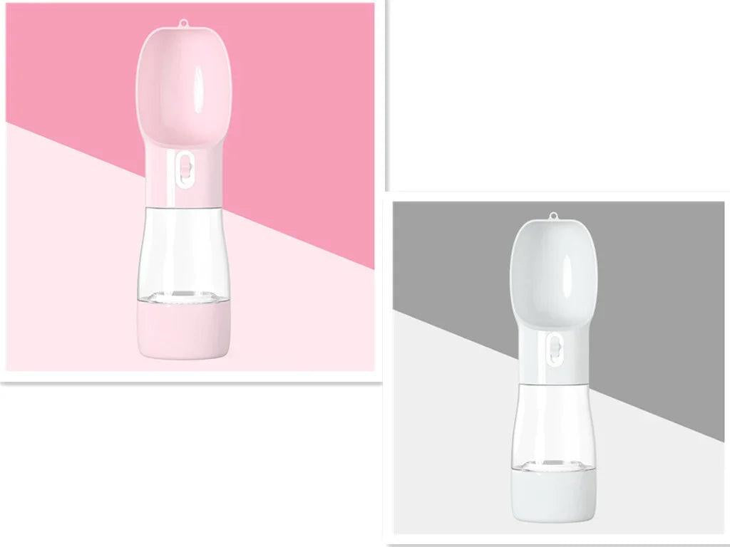 Portable pet water bottles in pink and white for dogs and cats, modern background