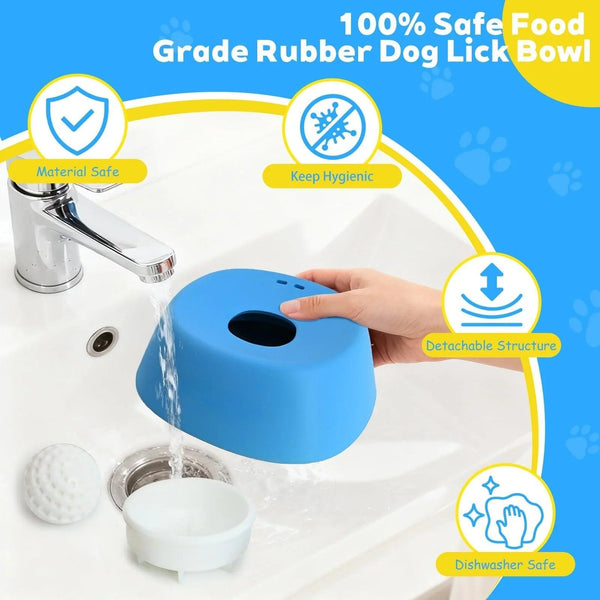 Blue food-grade rubber dog lick bowl with detachable parts being washed in a sink, dishwasher safe.
