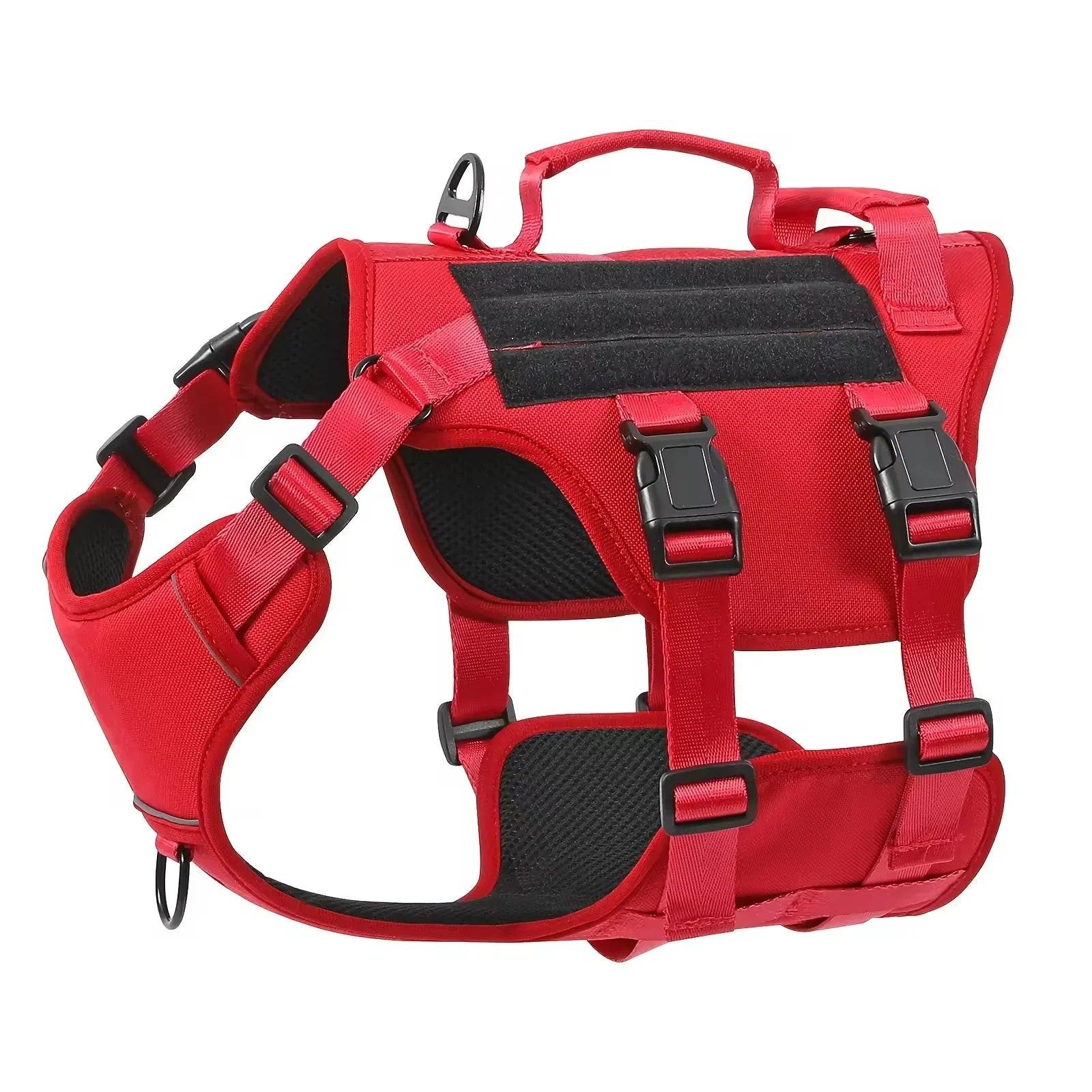 Red adjustable dog harness with padded handle, sturdy buckles, and secure straps