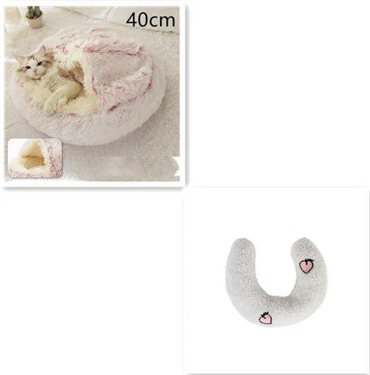 Soft round cat bed with hooded cover, plush texture, and cute strawberry pillow, 40cm size.
