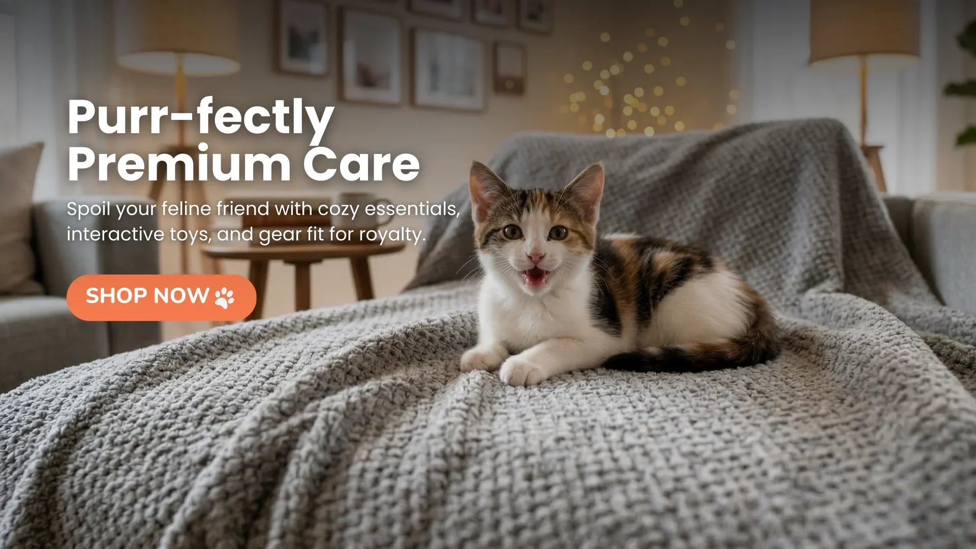 Cute tabby kitten on cozy blanket in living room, promoting premium cat essentials.