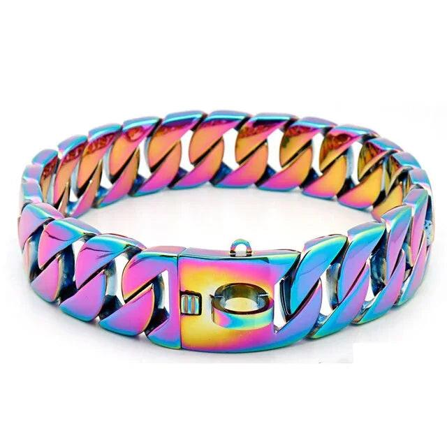 Multicolor stainless steel Cuban link dog collar with strong metal clasp for large dogs