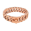 Rose gold metal dog chain collar with Cuban link design and secure clasp, stainless steel