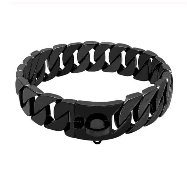 Black stainless steel Cuban link dog chain collar, heavy-duty pet training accessory