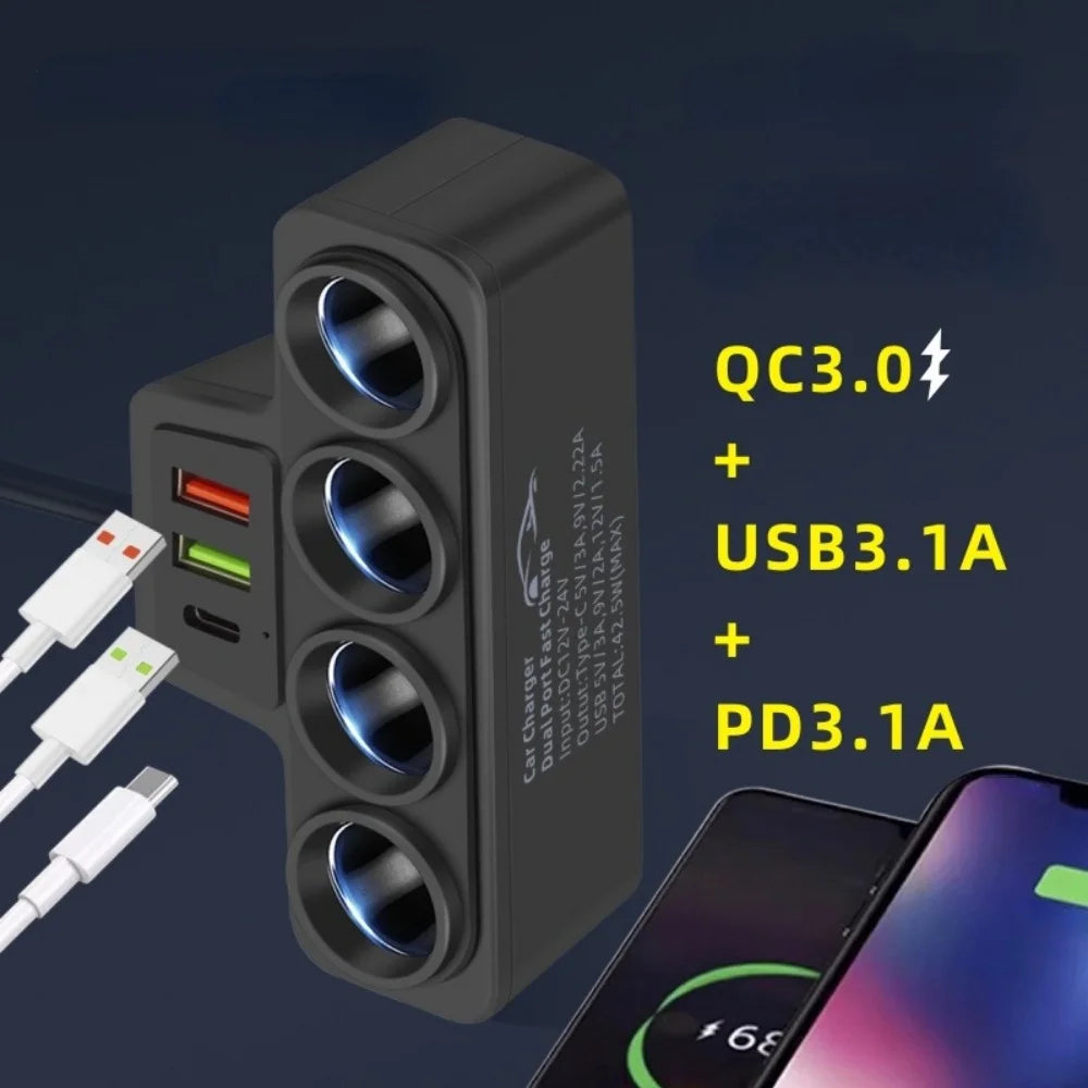 4 In 1 Car Cigarette Lighter 12V/24V Cigarette Lighter Adapter USB QC3.0 PD3.1A Port USB Port Socket Splitte Car