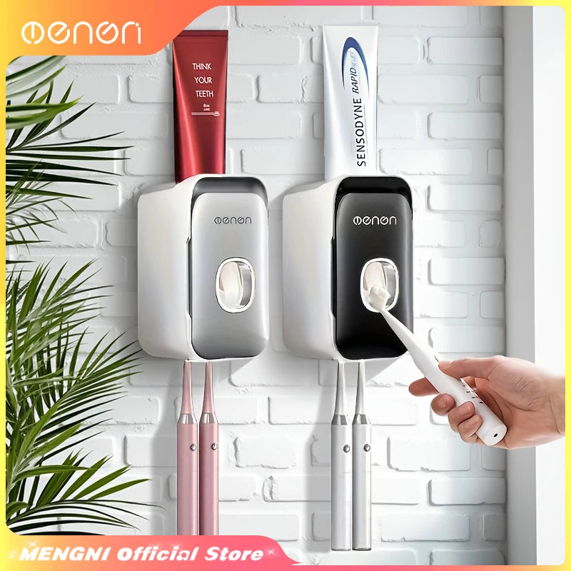 MENGNI Toothpaste Dispenser Wall-Mounted Bathroom Toothpaste Squeezer Punch-Free Toothbrush Holder Rack manual operation