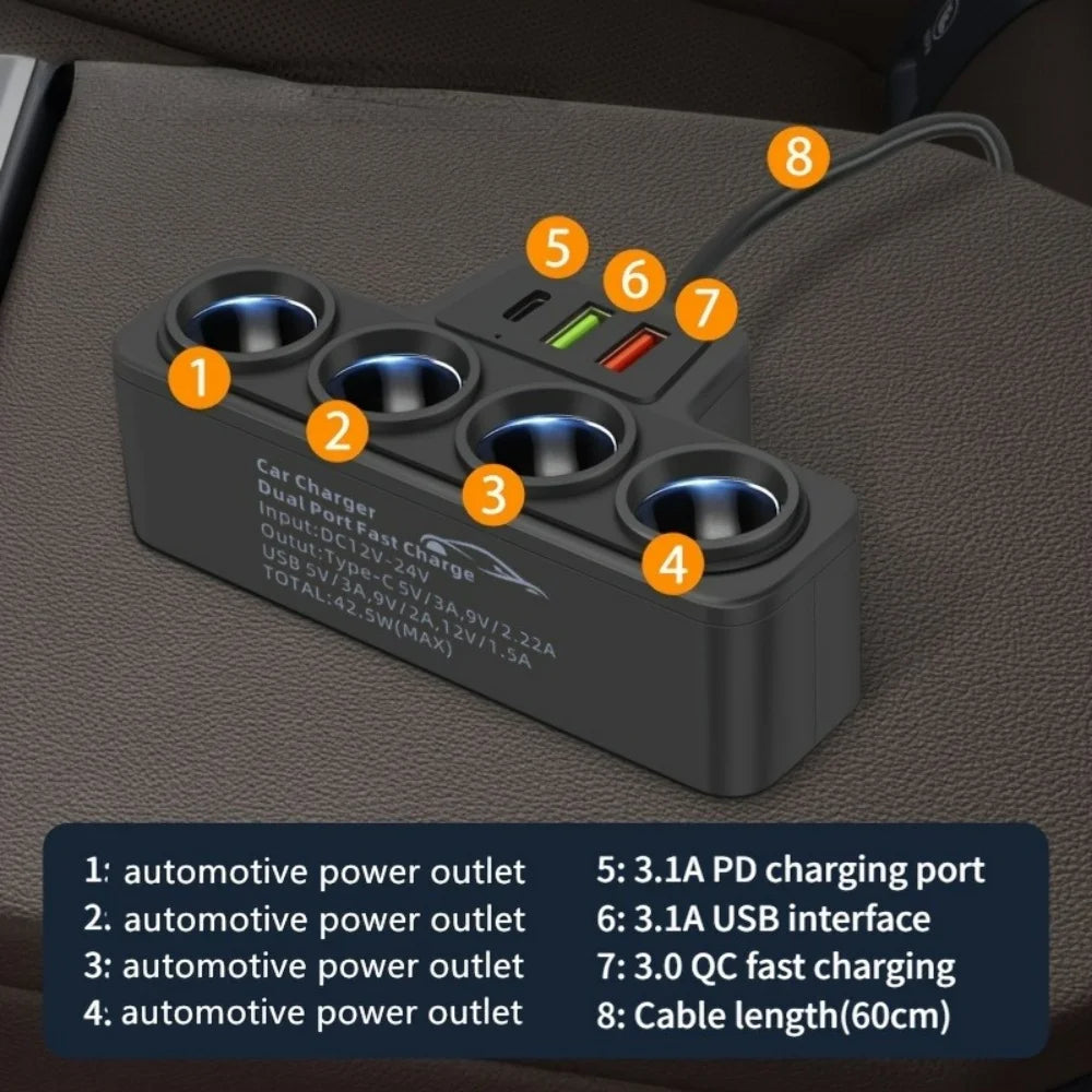4 In 1 Car Cigarette Lighter 12V/24V Cigarette Lighter Adapter USB QC3.0 PD3.1A Port USB Port Socket Splitte Car