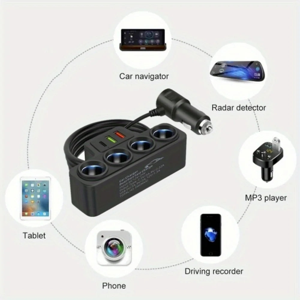 4 In 1 Car Cigarette Lighter 12V/24V Cigarette Lighter Adapter USB QC3.0 PD3.1A Port USB Port Socket Splitte Car