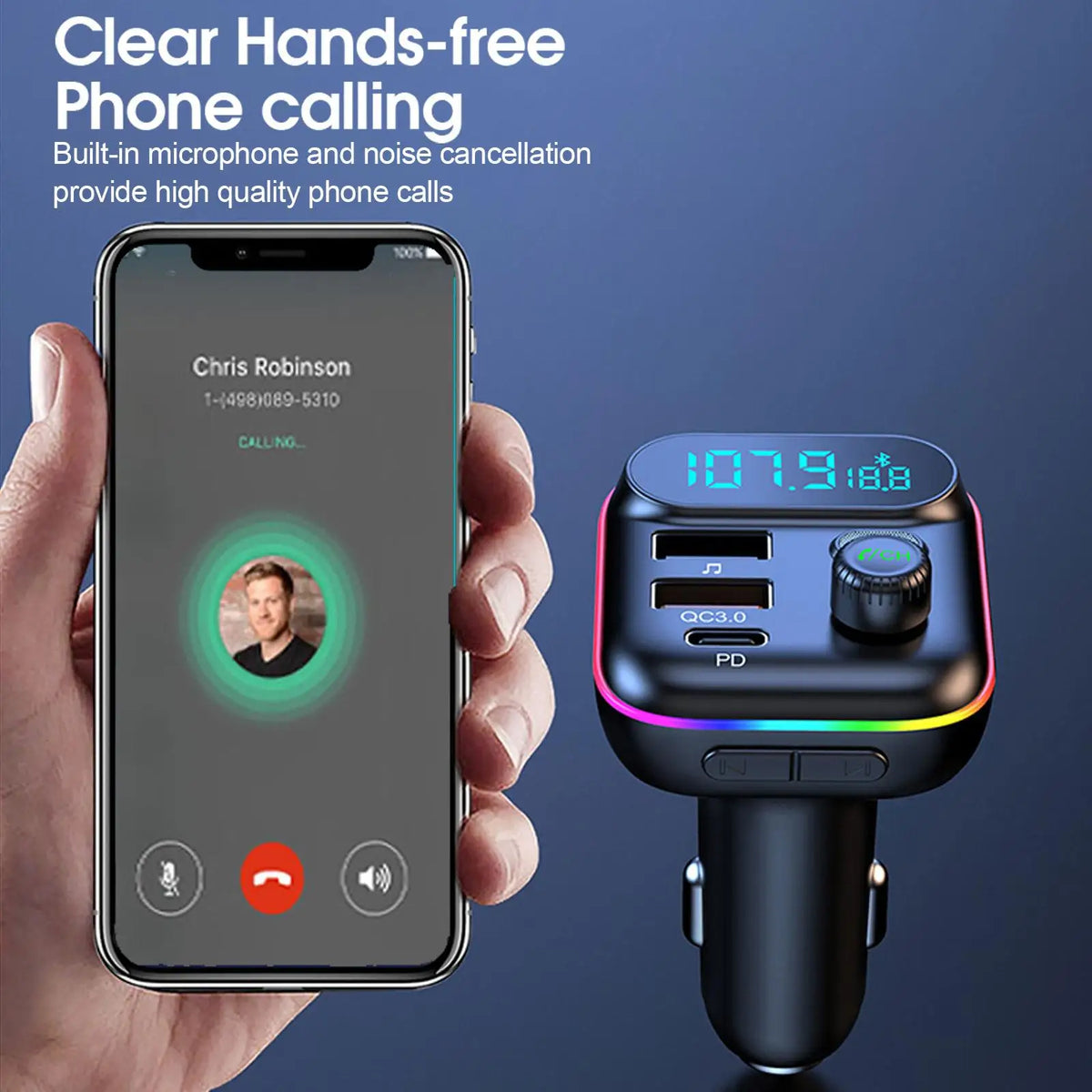 Car PD 18W QC3.0 Fast Charge Bluetooth 5.0 FM Transmitter Dual Player Music Type-C Colorful Ambient MP3 Light Cigarette Lighter