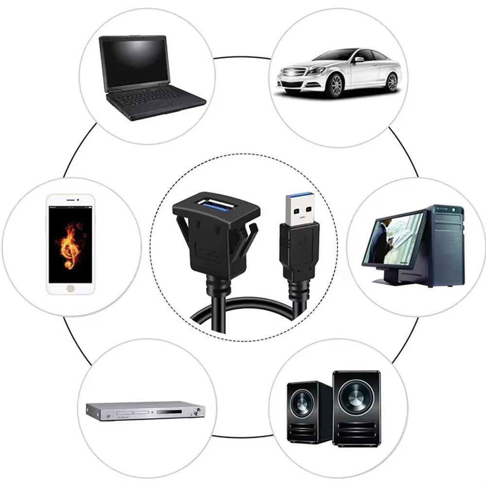 USB 3.0 Male to Female AUX Flush Panel Mount Extension Cable for Car Truck Boat Motorcycle Dashboard 1M Waterproof Wire