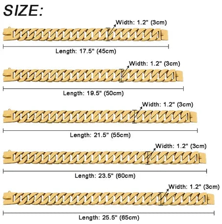 Gold dog chain collar in five sizes, 1.2 inch width, lengths from 17.5 to 25.5 inches.