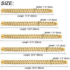 Gold dog chain collar in five sizes, 1.2 inch width, lengths from 17.5 to 25.5 inches.