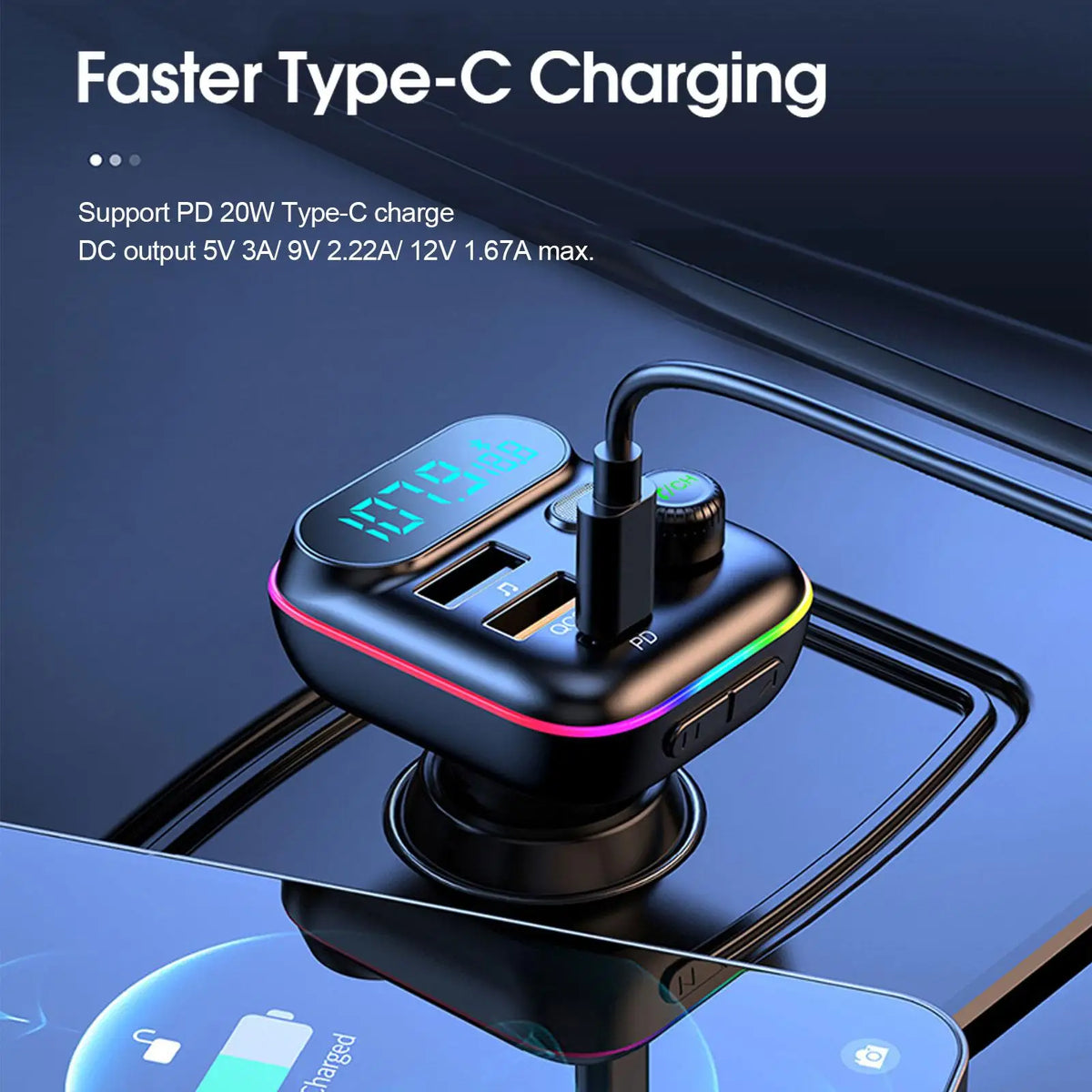 Car PD 18W QC3.0 Fast Charge Bluetooth 5.0 FM Transmitter Dual Player Music Type-C Colorful Ambient MP3 Light Cigarette Lighter