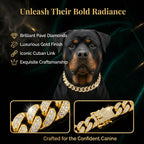 Rottweiler dog wearing a luxurious gold Cuban link collar with pavé diamonds, on dark background.