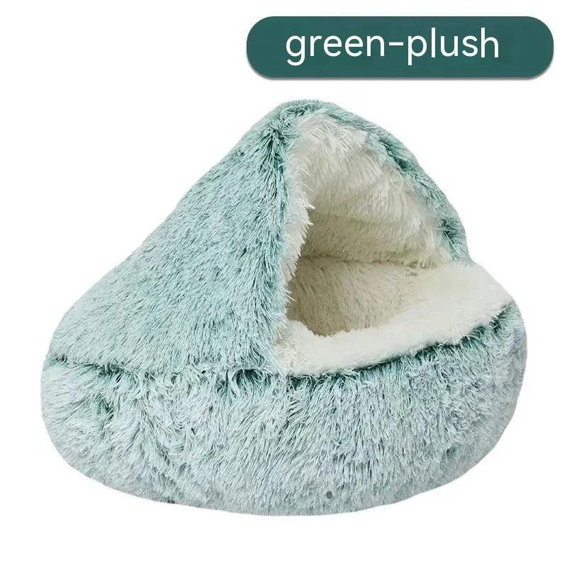 Green plush pet cave bed for cats and small dogs, soft and cozy design.