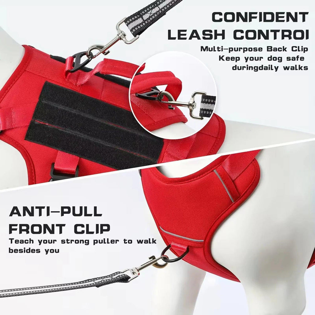 Red no-pull dog harness with back and front leash clips demonstrated on a dog mannequin