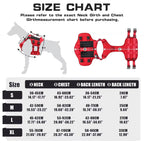 Dog harness size chart with neck, chest, and back length measurements, red harness illustration
