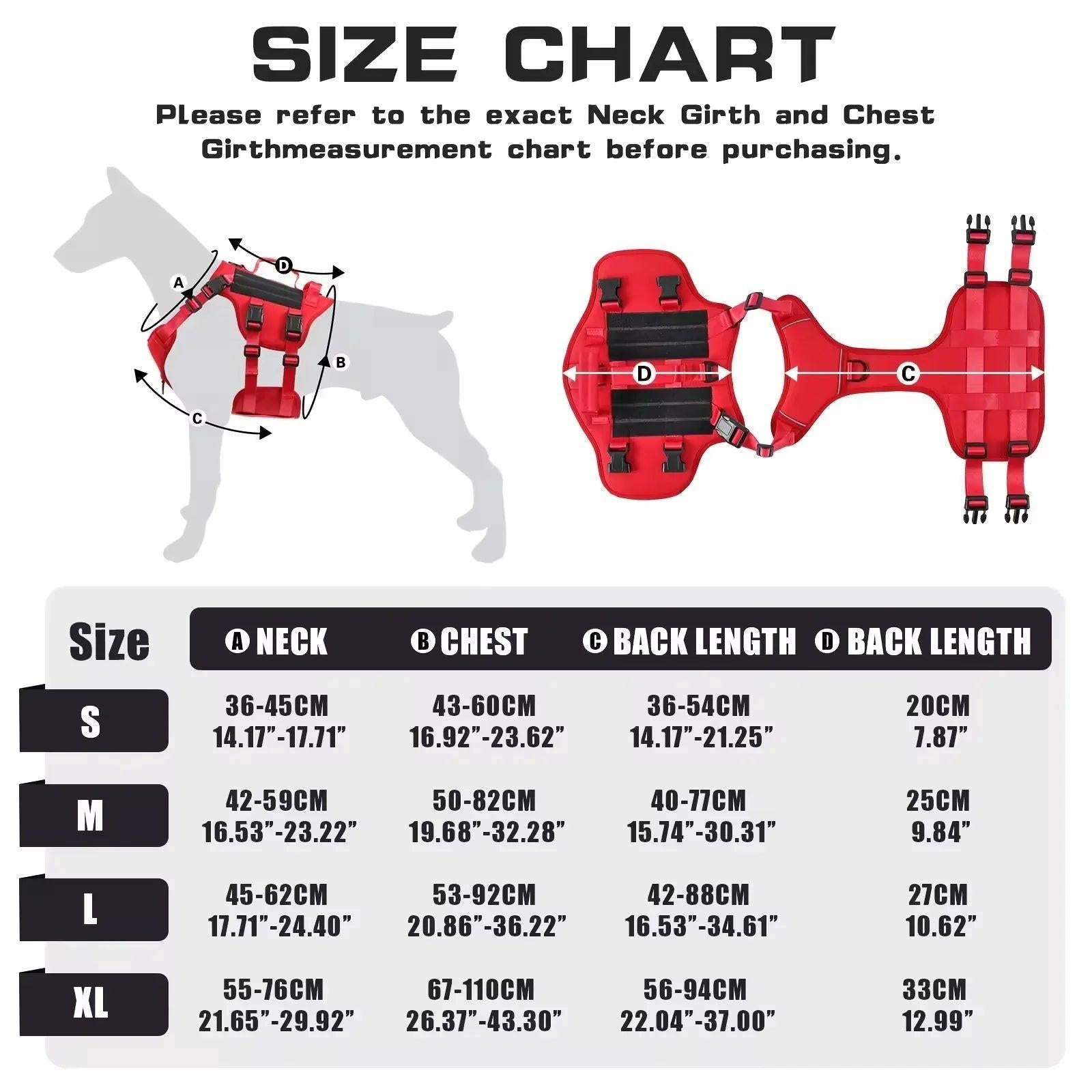 Dog harness size chart with neck, chest, and back length measurements, red harness illustration