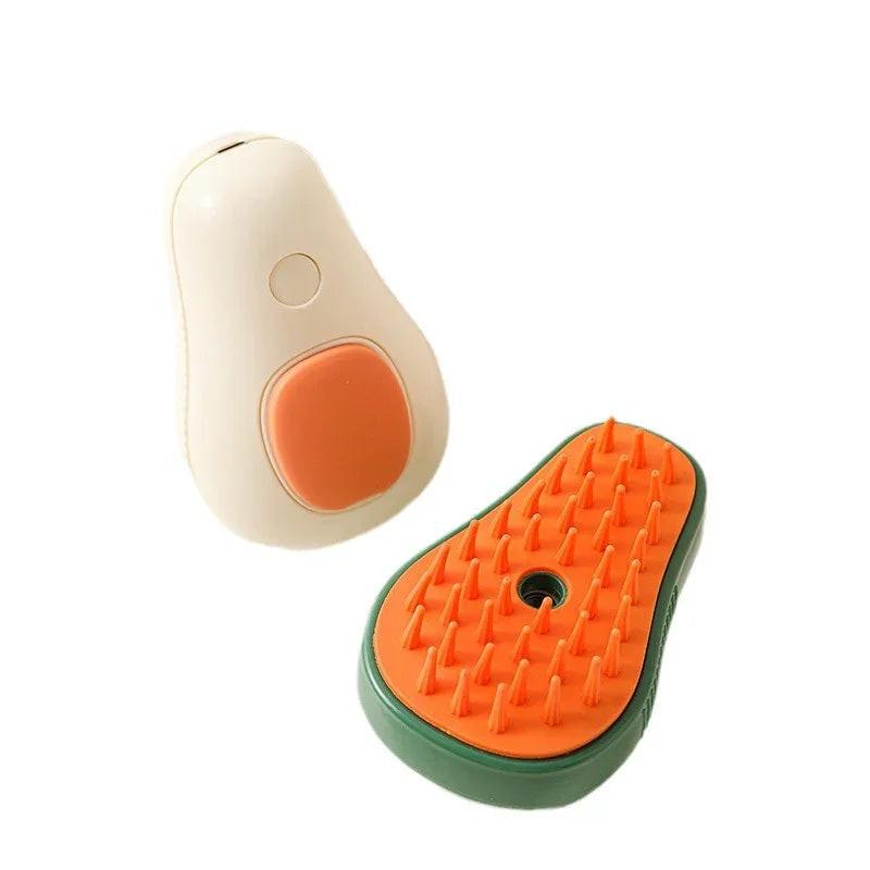 Pet grooming brush with orange silicone bristles and ergonomic handle on white background