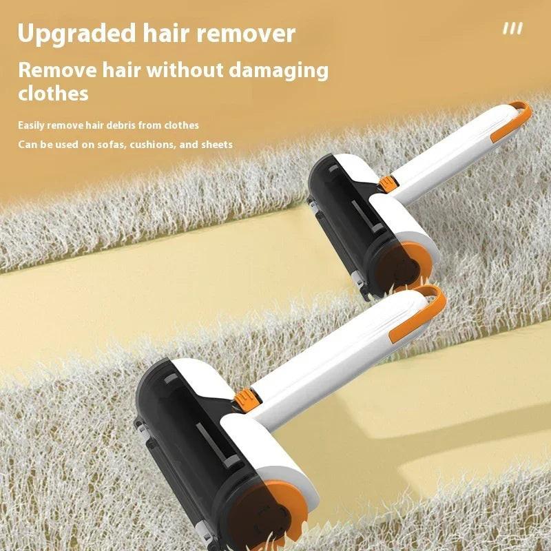 Pet hair remover roller cleaning fur from fabric surface, suitable for sofas and clothes.