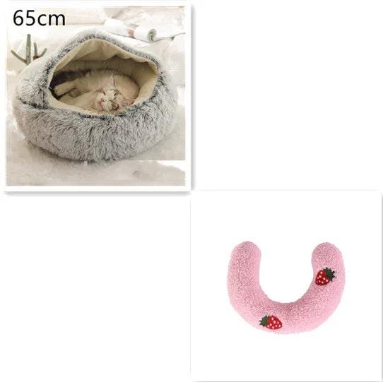 Gray fluffy cat bed with sleeping cat, 65cm size, pink strawberry-shaped plush pillow