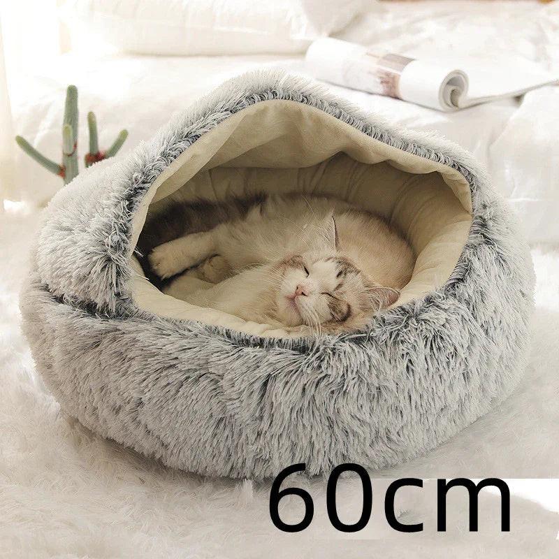 Fluffy gray cat bed with sleeping cat inside, cozy indoor pet sleeping nest, 60cm size