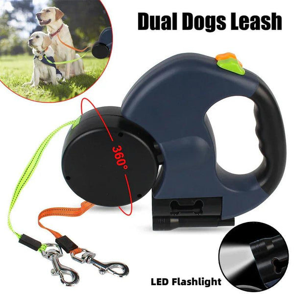 Dual retractable dog leash with 360° swivel, LED flashlight, orange and green leads