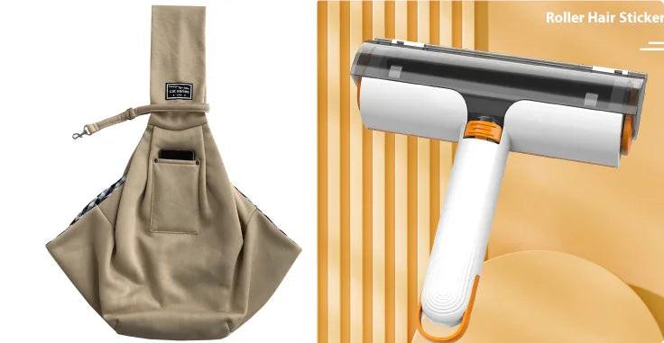 Beige pet sling carrier bag and pet hair remover roller for dogs and cats