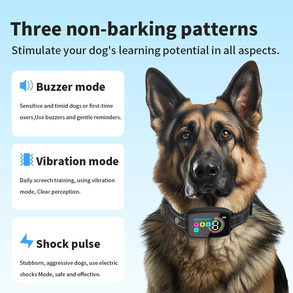 German Shepherd wearing a smart dog training collar, showing buzzer, vibration, and shock modes.