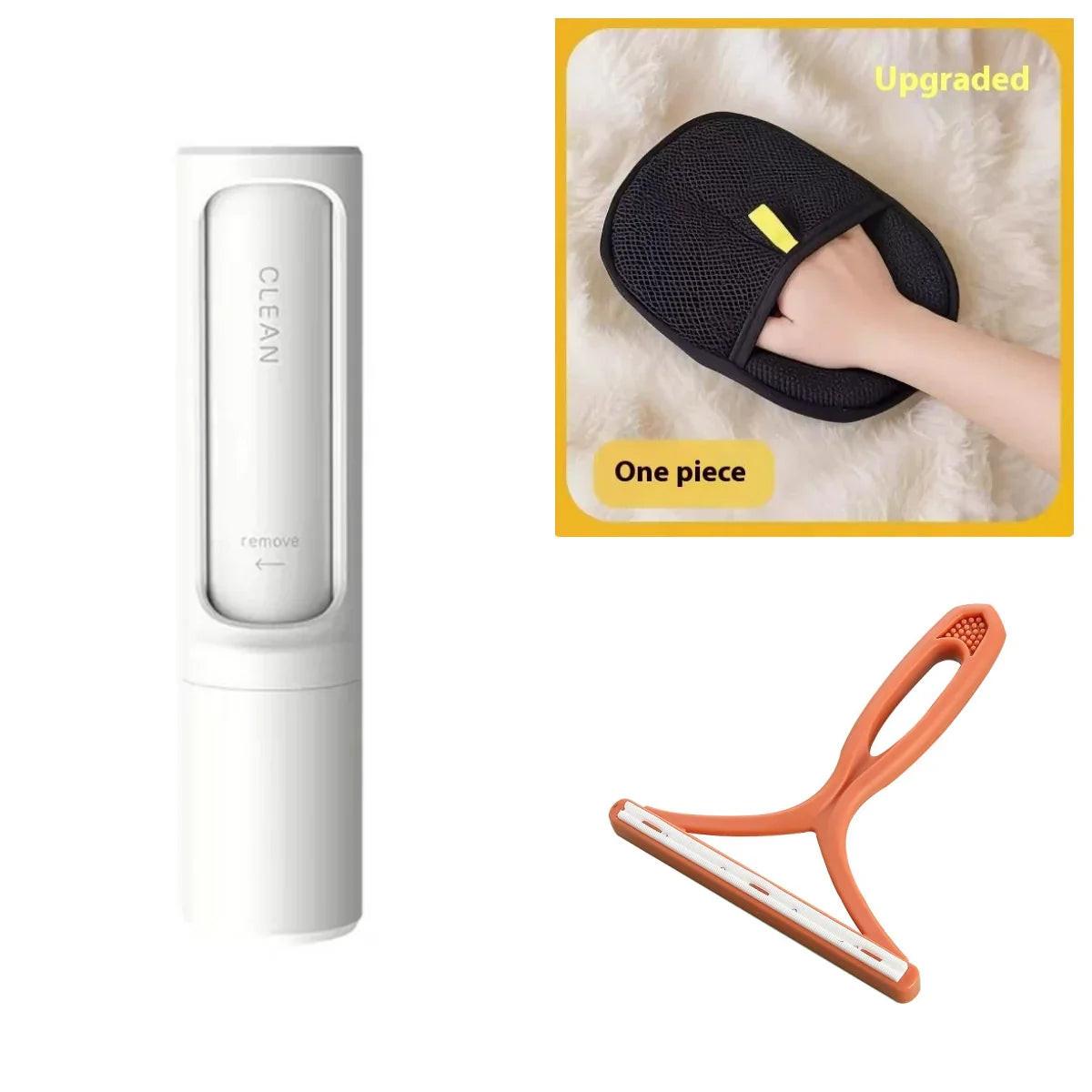 Pet hair remover set with a white lint roller, black grooming glove, and orange fur scraper.