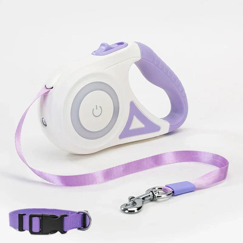 Purple and white retractable pet leash with matching purple collar on white background