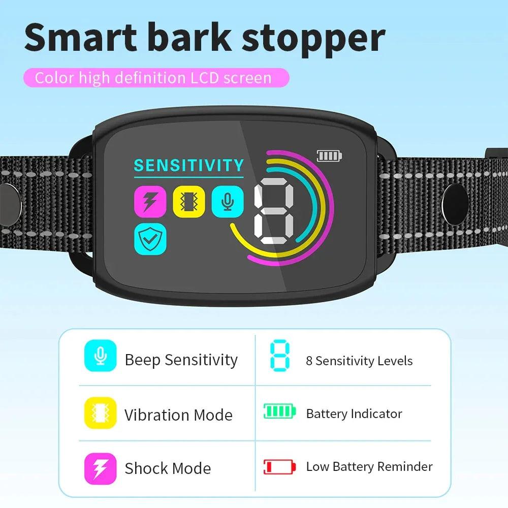 Smart bark stopper dog bark collar with color LCD screen, sensitivity settings, and adjustable modes.