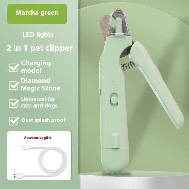 Matcha green 2-in-1 pet clipper with LED, USB charging, for cats and dogs, splash proof.