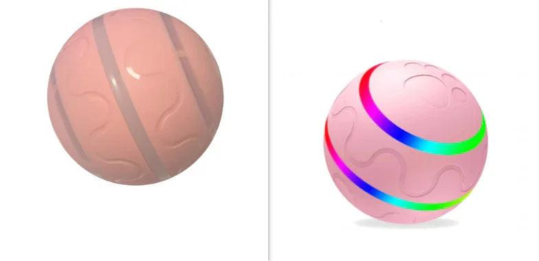 Pink interactive pet ball toy with embossed swirl patterns and rainbow LED light feature