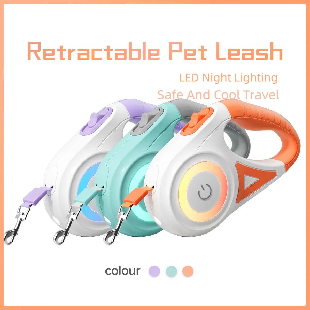 Retractable pet leashes with LED night lighting in pastel colors for dogs and cats