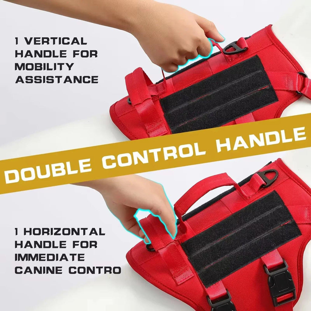 Red dog harness with double control handles, showing vertical and horizontal grip options for canine assistance.
