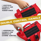 Red dog harness with double control handles, showing vertical and horizontal grip options for canine assistance.