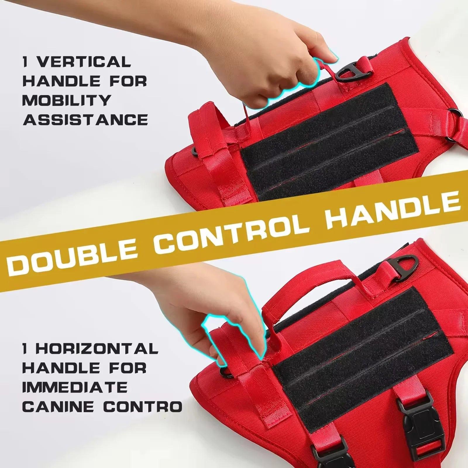 Red dog harness with double control handles, showing vertical and horizontal grip options for canine assistance.